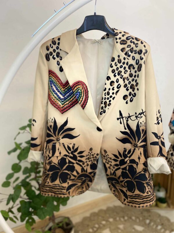 Blazer veste loose imprimé fleurs et coeur – Image 3