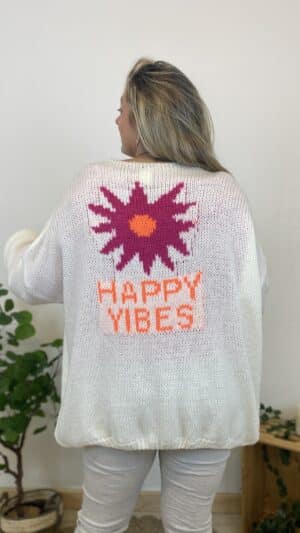 Gilet grosse maille oversize broderie fleurs « HAPPY VIBES »(noir ,gris, ciel,blanc)