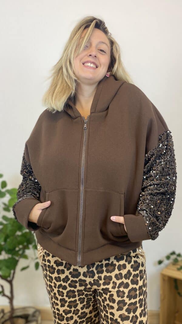 Veste molleton  à capuche  manches pailletées (noire ou choco)
