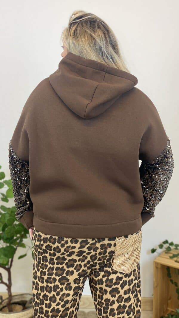Veste molleton  à capuche  manches pailletées (noire ou choco) – Image 6