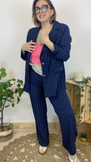 Pantalon droit marine à rayures