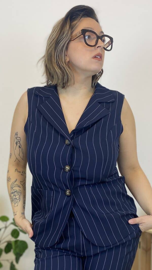Gilet veste long marine  à rayures