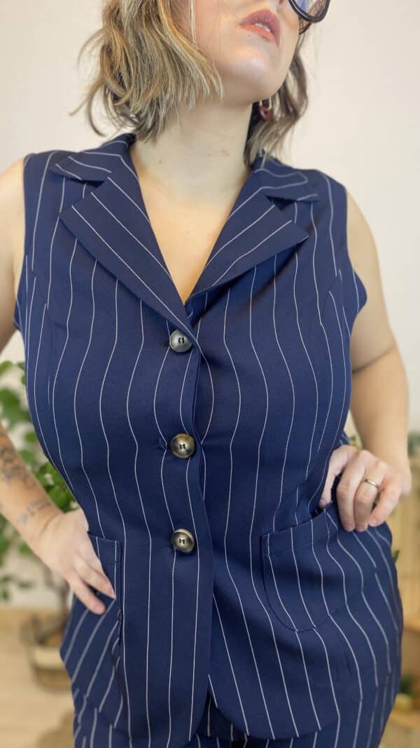 Gilet veste long marine  à rayures – Image 3