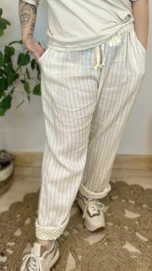 Pantalon fluide rayé  lin mélangé