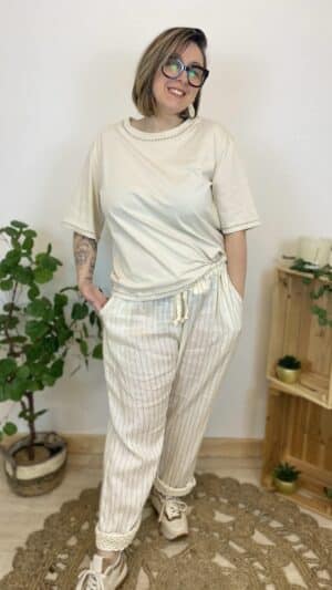 Pantalon fluide rayé  lin mélangé