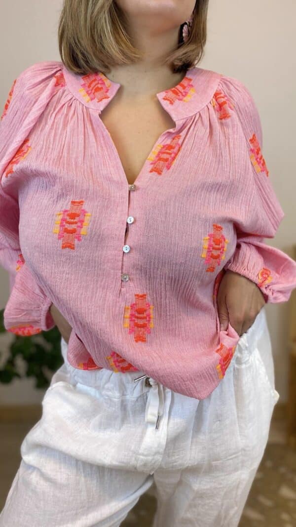Blouse bohème tissée Karly( rose ou ecru) – Image 4