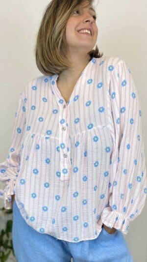 Blouse gaze de coton rayée et fleurie