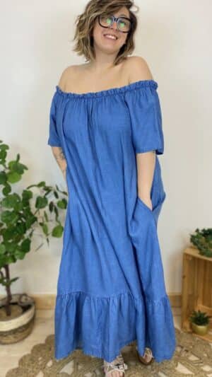 Robe longue fluide col Bardot