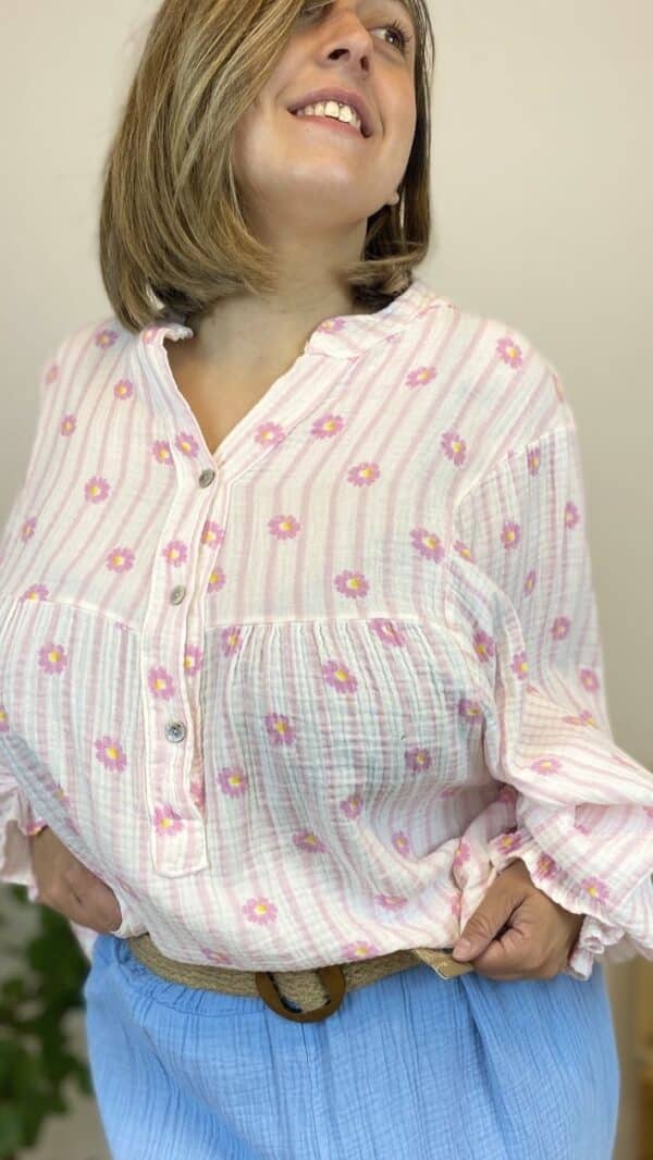 Blouse gaze de coton rayée et fleurie – Image 5