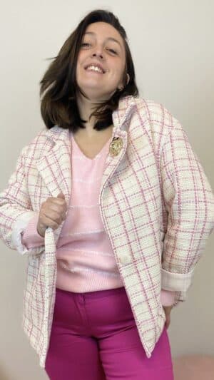 Veste tweed carreaux rose