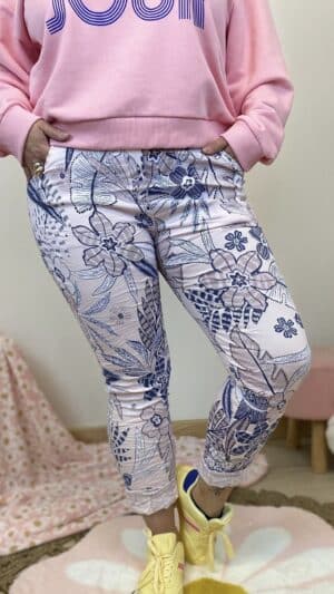 Pantalon confort strech imprimé feuillage (rose,jaune,blanc)