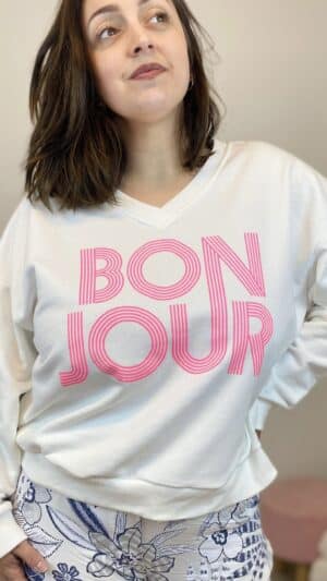 Sweat confort , col V « bonjour »(jaune ,rose, blanc)