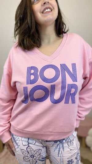Sweat confort , col V « bonjour »(jaune ,rose, blanc) – TU, ROSE