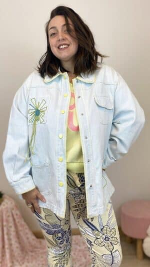 Veste longue coton bleached surpiqures colorées (rose,jaune ,bleue)