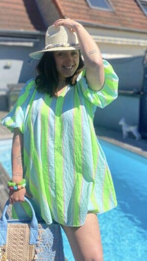 Robe courte coton rayures verticales (turquoise,rose,jaune)