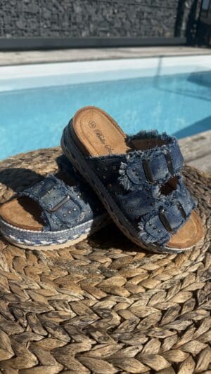 Sandales frangées jean doubles boucles