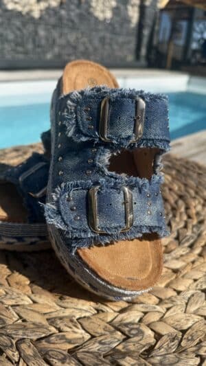 Sandales frangées jean doubles boucles