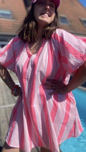 Robe courte coton rayures verticales (turquoise,rose,jaune)