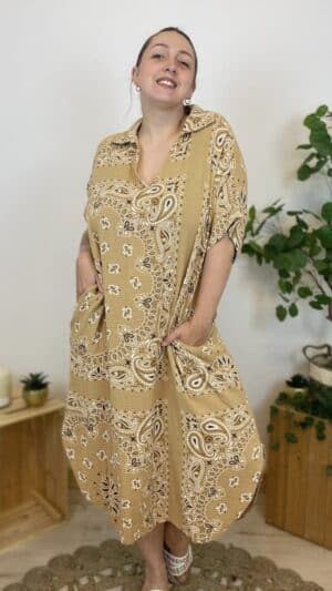 Robe en gaze de coton imprimé bandana (taupe,orange,camel)